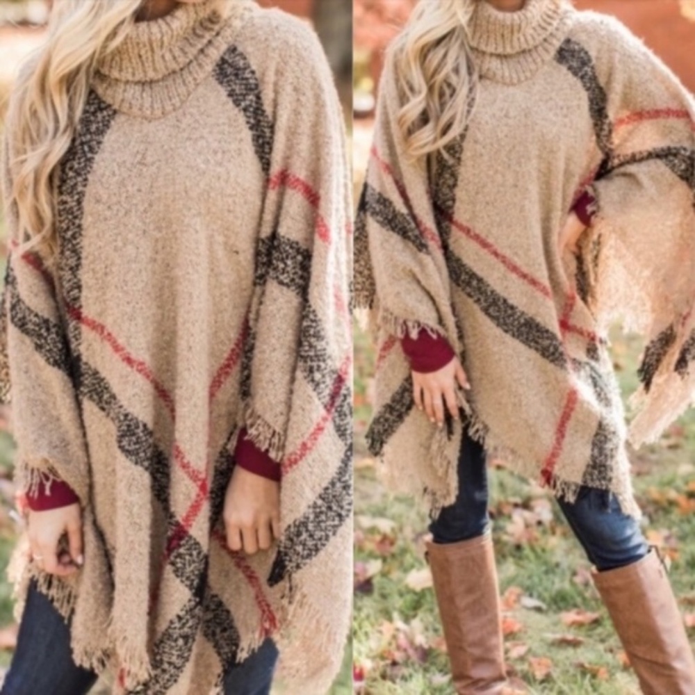 040 Cozy Turtleneck Plaid Frayed Hem Poncho - Picture 4 of 16